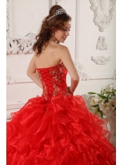 Red Ball Gown Strapless Floor-length Organza Ruffles And Embroidery Quinceanera Dress