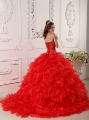 Red Ball Gown Strapless Floor-length Organza Ruffles And Embroidery Quinceanera Dress