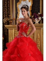 Red Ball Gown Strapless Floor-length Pick-ups Tulle Quinceanera Dress