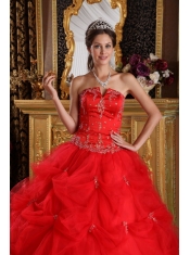 Red Ball Gown Strapless Floor-length Pick-ups Tulle Quinceanera Dress