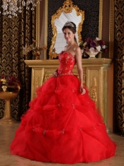 Red Ball Gown Strapless Floor-length Pick-ups Tulle Quinceanera Dress