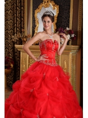 Red Ball Gown Strapless Floor-length Pick-ups Tulle Quinceanera Dress