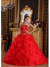Red Ball Gown Strapless Floor-length Pick-ups Tulle Quinceanera Dress