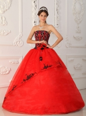 Red Ball Gown Strapless Floor-length Satin and Organza Sweet 16 Dress