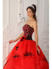 Red Ball Gown Strapless Floor-length Satin and Organza Sweet 16 Dress