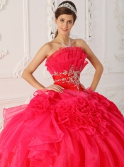 Red Ball Gown Strapless Floor-length Taffeta and Organza Appliques Quinceanera Dress