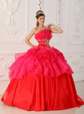 Red Ball Gown Strapless Floor-length Taffeta and Organza Appliques Quinceanera Dress