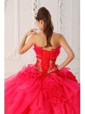 Red Ball Gown Strapless Floor-length Taffeta and Organza Appliques Quinceanera Dress