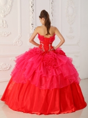 Red Ball Gown Strapless Floor-length Taffeta and Organza Appliques Quinceanera Dress