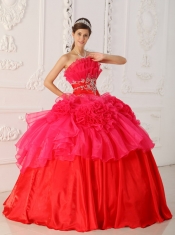 Red Ball Gown Strapless Floor-length Taffeta and Organza Appliques Quinceanera Dress
