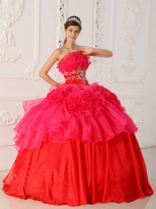 Red Ball Gown Strapless Floor-length Taffeta and Organza Appliques Quinceanera Dress