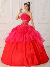 Red Ball Gown Strapless Floor-length Taffeta and Organza Appliques Quinceanera Dress