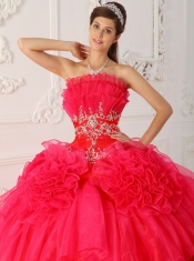 Red Ball Gown Strapless Floor-length Taffeta and Organza Appliques Quinceanera Dress