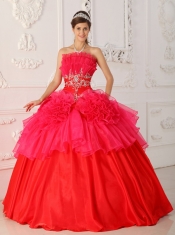 Red Ball Gown Strapless Floor-length Taffeta and Organza Appliques Quinceanera Dress