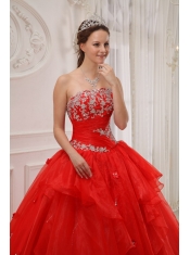 Red Ball Gown Strapless Floor-length Taffeta and Organza Appliques Quinceanera Dress