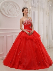 Red Ball Gown Strapless Floor-length Taffeta and Organza Appliques Quinceanera Dress