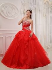 Red Ball Gown Strapless Floor-length Taffeta and Organza Appliques Quinceanera Dress