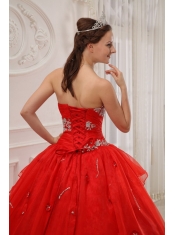 Red Ball Gown Strapless Floor-length Taffeta and Organza Appliques Quinceanera Dress