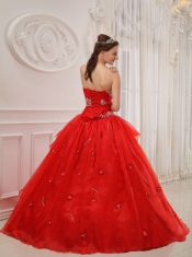 Red Ball Gown Strapless Floor-length Taffeta and Organza Appliques Quinceanera Dress