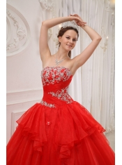 Red Ball Gown Strapless Floor-length Taffeta and Organza Appliques Quinceanera Dress