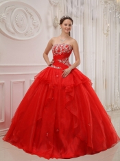 Red Ball Gown Strapless Floor-length Taffeta and Organza Appliques Quinceanera Dress