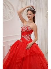 Red Ball Gown Strapless Floor-length Taffeta and Organza Appliques Quinceanera Dress