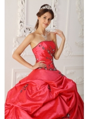 Red Ball Gown Strapless Floor-length Taffeta Appliques Quinceanera Dress