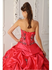 Red Ball Gown Strapless Floor-length Taffeta Appliques Quinceanera Dress