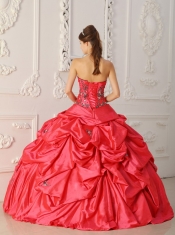 Red Ball Gown Strapless Floor-length Taffeta Appliques Quinceanera Dress