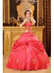 Red Ball Gown Strapless Floor-length Taffeta Beading and Appliques Quinceanera Dress