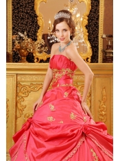 Red Ball Gown Strapless Floor-length Taffeta Beading and Appliques Quinceanera Dress