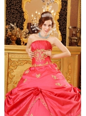 Red Ball Gown Strapless Floor-length Taffeta Beading and Appliques Quinceanera Dress