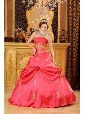 Red Ball Gown Strapless Floor-length Taffeta Beading and Appliques Quinceanera Dress