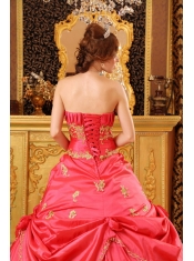 Red Ball Gown Strapless Floor-length Taffeta Beading and Appliques Quinceanera Dress