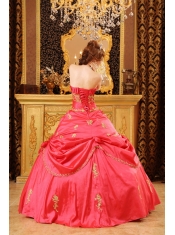 Red Ball Gown Strapless Floor-length Taffeta Beading and Appliques Quinceanera Dress