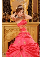 Red Ball Gown Strapless Floor-length Taffeta Beading and Appliques Quinceanera Dress