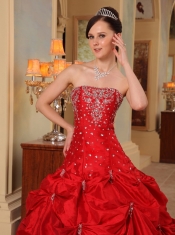 Red Ball Gown Strapless Floor-length Taffeta  Beading and Embroidery Quinceanera Dress