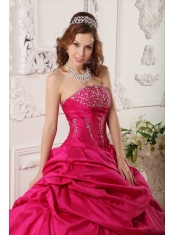 Red Ball Gown Strapless Floor-length Taffeta Beading  Quinceanera Dress