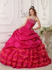 Red Ball Gown Strapless Floor-length Taffeta Beading Quinceanera Dress