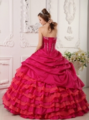 Red Ball Gown Strapless Floor-length Taffeta Beading  Quinceanera Dress