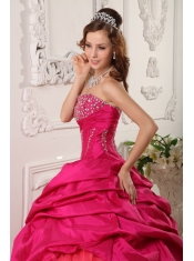 Red Ball Gown Strapless Floor-length Taffeta Beading  Quinceanera Dress