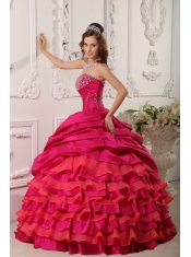 Red Ball Gown Strapless Floor-length Taffeta Beading  Quinceanera Dress