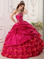 Red Ball Gown Strapless Floor-length Taffeta Beading  Quinceanera Dress