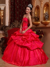 Red Ball Gown Strapless Floor-length Taffeta Beading Quinceanera Dress