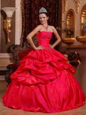 Red Ball Gown Strapless Floor-length Taffeta Beading Quinceanera Dress