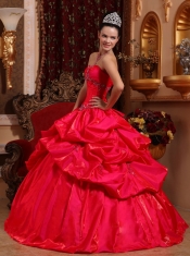 Red Ball Gown Strapless Floor-length Taffeta Beading Quinceanera Dress