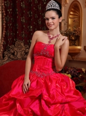 Red Ball Gown Strapless Floor-length Taffeta Beading Quinceanera Dress