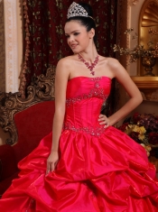 Red Ball Gown Strapless Floor-length Taffeta Beading Quinceanera Dress