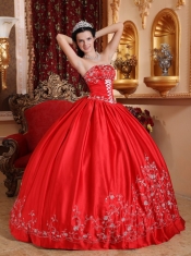 Red Ball Gown Strapless Floor-length Taffeta Embroidery Quinceanera Dress