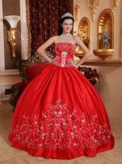 Red Ball Gown Strapless Floor-length Taffeta Embroidery Quinceanera Dress